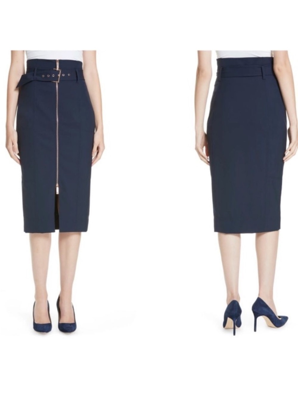 Ted Baker XL (5) Navy Kaara Midi Front Zip High Waist Belted Pencil Skirt